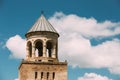 Mtskheta Georgia. Close Bell Tower Of Svetitskhoveli Cathedral Of Living Pillar, Blue Sky Background