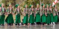 MTSKHETA, GEORGIA - OCT 14: Unidentified happy girls in traditional Georgian dresses dancing on stage of party