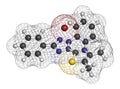 MTT yellow tetrazole dye molecule. Used in MTT assay, used to measure cytotoxicity and cell metabolic activity. 3D rendering..