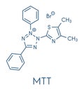 MTT yellow tetrazole dye molecule. Used in MTT assay, used to measure cytotoxicity and cell metabolic activity. Skeletal formula.