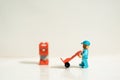 Mty Mexico, September 26 2019: Studio shot of Lego people, a construction worker with mailbox and hand truck. This set represent a