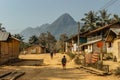 Muang Ngoy, Laos - February 22,2020. Life in a Laotian village along Nam Ou River.Simple bamboo houses, amazing rural landscape.