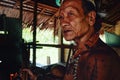 Tribal elder Toikot drying poisoned arrows over the fire at his rainfor