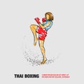 Muay Thai boxing fighter woman kick knee. Vector outline Muay Thai boxing with scribble doodles style drawing.