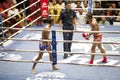 Muay Thai fighters compete in a Thai boxing match