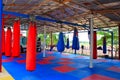 Muay Thai gym with boxing bags and colorful rubber floor at Ban Bung Sam Phan Nok, Phetchabun, Thailand.