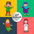 Mubarak greeting card with cartoon illustration of moslem family, pattern backround, islamic ornament, set vector