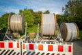 much large reels with fiber optic cables stand on a square Royalty Free Stock Photo