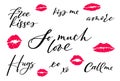 So much love lettering quote mark kiss silhouette isolated on white background. Stamp makeup printfrom mouth. Vector Royalty Free Stock Photo