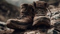 Mud caked leather hiking boots trek through nature generated by AI