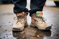 mud-caked work boots with prints trailing behind them