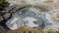 Mud hot spring. Close-up. Streaks and spots are visible on the surface of the gray liquid.