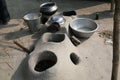 Mud kitchen stove in village outside home, Kumrokhali, West Bengal, India Royalty Free Stock Photo