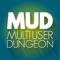 MUD - Multi User Dungeon acronym, technology concept background