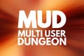 MUD - Multi User Dungeon acronym, technology concept background
