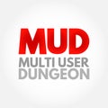 MUD Multi User Dungeon -multiplayer real-time virtual world, usually text-based or storyboarded, acronym text concept background