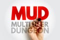 MUD Multi User Dungeon -multiplayer real-time virtual world, usually text-based or storyboarded, acronym text concept background