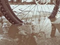 Mudd and water drops on bike tyre. Winter free ride in snowy landscape. low temperature