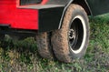 Muddy dual wheel retro truck closeup