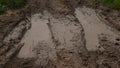 Muddy field with tire tracks and puddles. Dirty road with mud truck wheel tracks after rain. Off-road