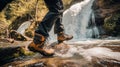 Muddy hiking boots and splash of water