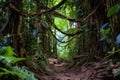 muddy path in a dense jungle with hanging vines