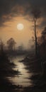 Muddy Rainforest Sunset: Australian Tonalism Concept Art With Eerie Symbolism
