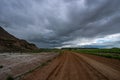 Muddy road with a dark clouds above Royalty Free Stock Photo