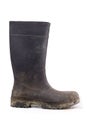 Muddy rubber boot side view isolated on white