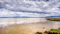 The muddy shoreline of San Francisco Bay Area at low tide; Diablo Mountain Range visible on the horizon, in the East Bay;