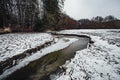 Muddy and snow covered cracked ground earth with forest stream in winter. Wide angle photo of snowy and dirty river in forest -