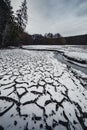 Muddy and snow covered cracked ground earth with forest stream in winter. Wide angle photo of snowy and dirty river in forest -