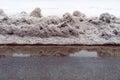 Muddy snow on the side of a paved road