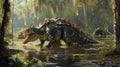 A muddy swamp teeming with life including bulky armored ankylosaurs and toothy crocodilians lurking in the water Royalty Free Stock Photo