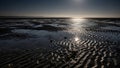 Muddy tidal flat with wavy sand patterns reflecting sunlight at low tide Royalty Free Stock Photo