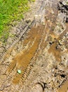 Muddy Tire Marks on Earth: Closeup of Mountain Bike Tracks on Ground Royalty Free Stock Photo