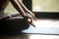 Mudra gesture close up, sporty woman practicing yoga