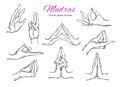 Mudras hands vector. Vector hand drawn set of mudras. Isolated on white. Yoga. Spirituality. Sketch style Royalty Free Stock Photo