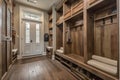 Mudroom with built-in wooden benches, hooks for coats, and storage cubbies, Rustic style interior, Interior Design Generative AI