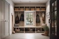 Mudroom: Capture a set of images that showcase a practical, organized mudroom. Generative AI