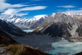 Mueller glacier lake panoramic view with snowy mountains in the background, Aoraki mount cook national park new zealand Royalty Free Stock Photo