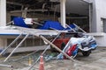 MUENG, CHIANGMAI THAILAND MARCH 2023, 18 : Roof of a building torn off by severe strong wind. Damage caused by storm. Strong Royalty Free Stock Photo