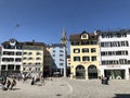 Muensterhof or Munsterhof Fraumuenster abbey courtyard - Town square situated in the Lindenhof quarter in the historical center