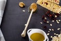 Muesli bar, oatmeal and honey Royalty Free Stock Photo