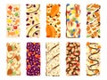 Muesli bars. Cartoon carbohydrates snack for breakfast. Isolated granola bar, dried fruits and nuts with chocolate and