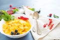 Muesli with berries and milk Healthy tasty breakfast cornflakes with strawberries, raspberries, black currants and red Royalty Free Stock Photo