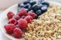 Muesli with blueberries and raspberries. Granola with wild berries. Healthy eating. Bowl of oat flakes and blueberry and raspberry