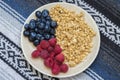 Muesli with blueberries and raspberries on tablecloth background. Granola with wild berries on towel pattern.