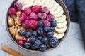 Muesli bowl with berries, banana and almonds, oatmeal breakfast bowl top view with berries