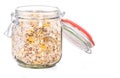Muesli for breakfast. Fruit breakfast. Healthy meal. Breakfast cereals in a jar. Muesli on a white background. Isolated. Royalty Free Stock Photo